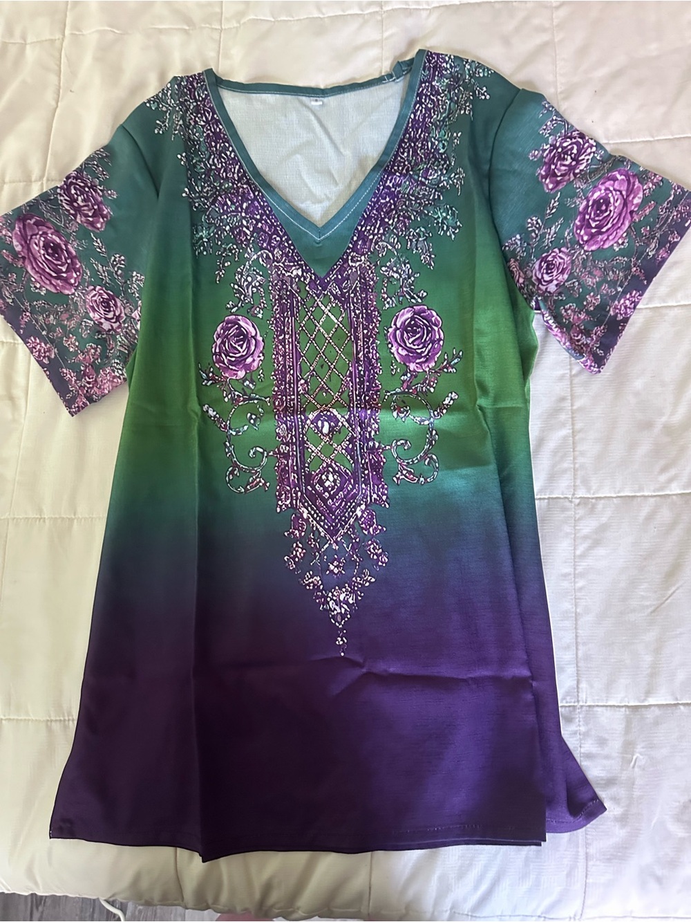 Floral Embellished V-Neck Women’s Top in Green & Purple